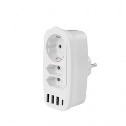 Разветвитель Socket Adapter 3 Euro 16A, 4 USB 3A+C с блоком 5В/3.1А RocketSocket, цвет белый-серый