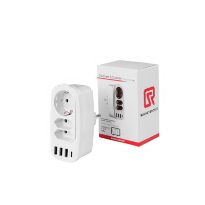 Разветвитель Socket Adapter 3 Euro 16A, 4 USB 3A+C с блоком 5В/3.1А RocketSocket, цвет белый-серый GN4603 Разветвитель Socket Adapter 3 Euro 16A, 4 USB 3A+C с блоком 5В/3.1А RocketSocket, цвет белый-серый GN4603