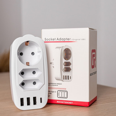 Разветвитель Socket Adapter 3 Euro 16A, 4 USB 3A+C с блоком 5В/3.1А RocketSocket, цвет белый-серый GN4603 Разветвитель Socket Adapter 3 Euro 16A, 4 USB 3A+C с блоком 5В/3.1А RocketSocket, цвет белый-серый GN4603