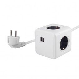 Удлинитель Cube Extended 4 Euro 16A, 2 USB A с блоком 5В/2.1А, кабель 1,5м RocketSocket, цвет белый-серый