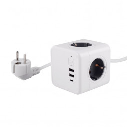 Удлинитель Cube Extended 4 Euro 16A, 3 USB 2A+C с блоком 5В/3.0А, кабель 1,5м RocketSocket, цвет белый-серый