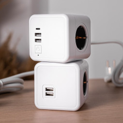 Удлинитель Cube Lite Extended 3 Euro 16A, 3 USB 2A+C с блоком 5В/3.1А, кабель 1,5м RocketSocket, цвет белый-серый