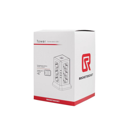 Удлинитель Tower Extended 12 Euro 16A, 4 USB 3A+C с блоком 5В/3.4А, кабель 2, 0м RocketSocket, цвет белый-серый GNS5004 Удлинитель Tower Extended 12 Euro 16A, 4 USB 3A+C с блоком 5В/3.4А, кабель 2, 0м RocketSocket, цвет белый-серый GNS5004