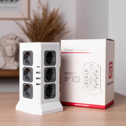 Удлинитель Tower Extended 12 Euro 16A, 4 USB 3A+C с блоком 5В/3.4А, кабель 2,0м RocketSocket, цвет белый-серый