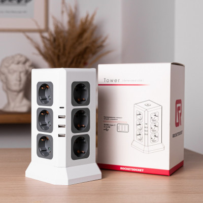 Удлинитель Tower Extended 12 Euro 16A, 4 USB 3A+C с блоком 5В/3.4А, кабель 2, 0м RocketSocket, цвет белый-серый GNS5004 Удлинитель Tower Extended 12 Euro 16A, 4 USB 3A+C с блоком 5В/3.4А, кабель 2, 0м RocketSocket, цвет белый-серый GNS5004