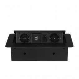 Розетка горизонтальная выдвижная 2 Euro 16A, 2 USB A с блоком 5В/2.1А, RJ45 RocketSocket, проводка, цвет черный