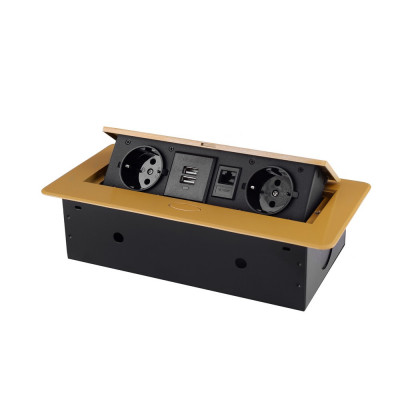 Розетка горизонтальная выдвижная 2 Euro 16A, 2 USB A с блоком 5В/2.1А, RJ45 RocketSocket, проводка, цвет золотой SHS020-G Розетка горизонтальная выдвижная 2 Euro 16A, 2 USB A с блоком 5В/2.1А, RJ45 RocketSocket, проводка, цвет золотой SHS020-G