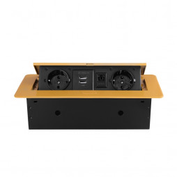 Розетка горизонтальная выдвижная 2 Euro 16A, 2 USB A с блоком 5В/2.1А, RJ45 RocketSocket, проводка, цвет золотой