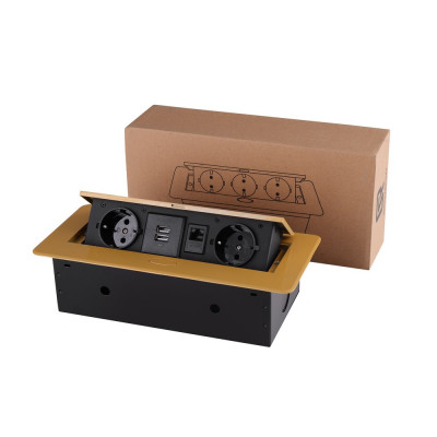 Розетка горизонтальная выдвижная 2 Euro 16A, 2 USB A с блоком 5В/2.1А, RJ45 RocketSocket, проводка, цвет золотой SHS020-G Розетка горизонтальная выдвижная 2 Euro 16A, 2 USB A с блоком 5В/2.1А, RJ45 RocketSocket, проводка, цвет золотой SHS020-G
