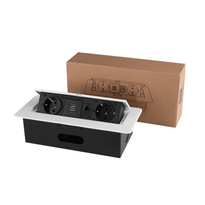 Розетка горизонтальная выдвижная 2 Euro 16A, 2 USB A с блоком 5В/2.1А, RJ45 RocketSocket, проводка, цвет белый SHS020-W Розетка горизонтальная выдвижная 2 Euro 16A, 2 USB A с блоком 5В/2.1А, RJ45 RocketSocket, проводка, цвет белый SHS020-W