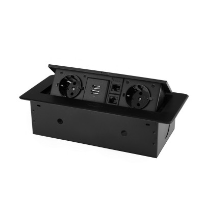 Розетка горизонтальная выдвижная 2 Euro 16A, 2 USB A с блоком 5В/2.1А, 2 RJ45 RocketSocket, проводка, цвет черный SHS021-B Розетка горизонтальная выдвижная 2 Euro 16A, 2 USB A с блоком 5В/2.1А, 2 RJ45 RocketSocket, проводка, цвет черный SHS021-B
