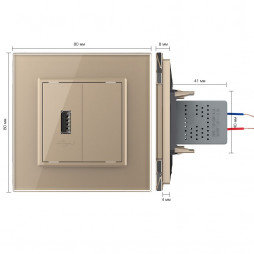 Розетка с одним USB type-A, блоком питания 5В 2.1А Livolo, 1 пост, цвет золотой
