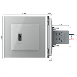 Розетка с одним USB type-A, блоком питания 5В 2.1А Livolo, 1 пост, цвет серый