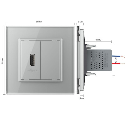 Розетка с одним USB type-A, блоком питания 5В 2.1А Livolo, 1 пост, цвет серый VL-C791USB-15 Розетка с одним USB type-A, блоком питания 5В 2.1А Livolo, 1 пост, цвет серый VL-C791USB-15