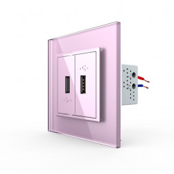 Розетка с двумя USB type-A, блоком питания 5В 2.1А Livolo, 1 пост, цвет розовый