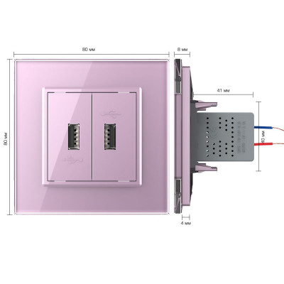 Розетка с двумя USB type-A, блоком питания 5В 2.1А Livolo, 1 пост, цвет розовый VL-C792USB-17 Розетка с двумя USB type-A, блоком питания 5В 2.1А Livolo, 1 пост, цвет розовый VL-C792USB-17