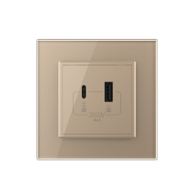 Розетка USB type-C и USB type-A, блоком питания 36W Livolo, 1 пост, цвет золотой VL-C7VUA18W.UC18W-2AP Розетка USB type-C и USB type-A, блоком питания 36W Livolo, 1 пост, цвет золотой VL-C7VUA18W.UC18W-2AP