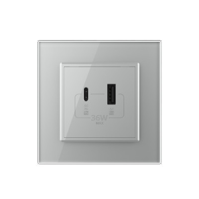 Розетка USB type-C и USB type-A, блоком питания 36W Livolo, 1 пост, цвет серый VL-C7VUA18W.UC18W-2IP Розетка USB type-C и USB type-A, блоком питания 36W Livolo, 1 пост, цвет серый VL-C7VUA18W.UC18W-2IP