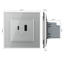 Розетка USB type-C и USB type-A, блоком питания 36W Livolo, 1 пост, цвет серый