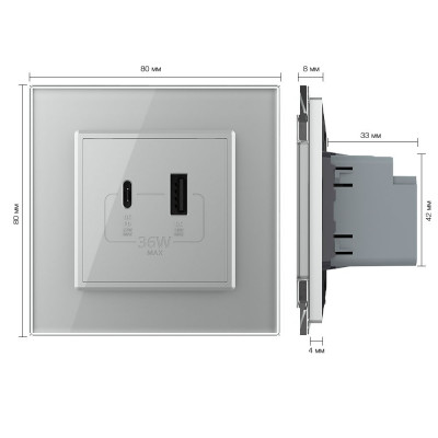 Розетка USB type-C и USB type-A, блоком питания 36W Livolo, 1 пост, цвет серый VL-C7VUA18W.UC18W-2IP Розетка USB type-C и USB type-A, блоком питания 36W Livolo, 1 пост, цвет серый VL-C7VUA18W.UC18W-2IP