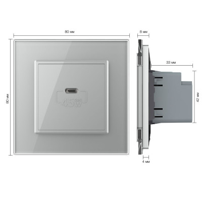 Розетка USB type-C, блоком питания 45W Livolo, 1 пост, цвет серый VL-C7VUC-2IP Розетка USB type-C, блоком питания 45W Livolo, 1 пост, цвет серый VL-C7VUC-2IP