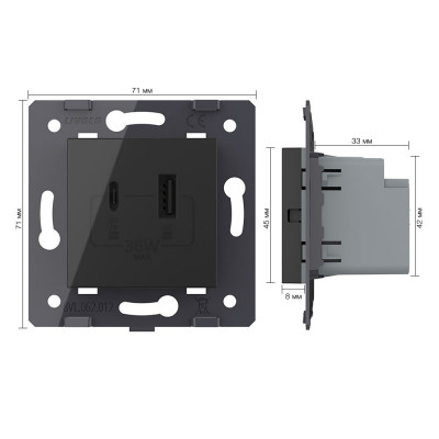 Розетка USB type C+A с блоком питания 36W Livolo, цвет черный (механизм) VL-FCUA18W.UC18W-2BP Розетка USB type C+A с блоком питания 36W Livolo, цвет черный (механизм) VL-FCUA18W.UC18W-2BP