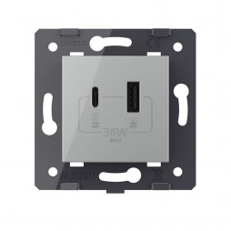 Розетка USB type C+A с блоком питания 36W Livolo, цвет серый (механизм)