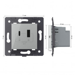Розетка USB type C+A с блоком питания 36W Livolo, цвет серый (механизм)