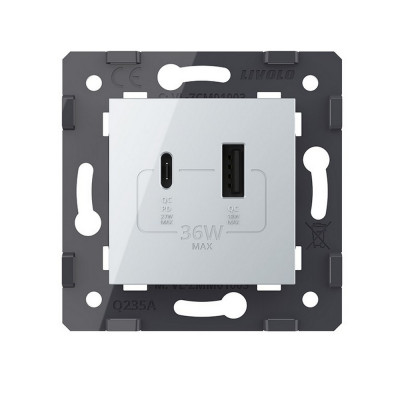 Розетка USB type C+A с блоком питания 36W Livolo, цвет серебристый / алюминий (механизм) VL-FCUA18W.UC18W-2MP Розетка USB type C+A с блоком питания 36W Livolo, цвет серебристый / алюминий (механизм) VL-FCUA18W.UC18W-2MP