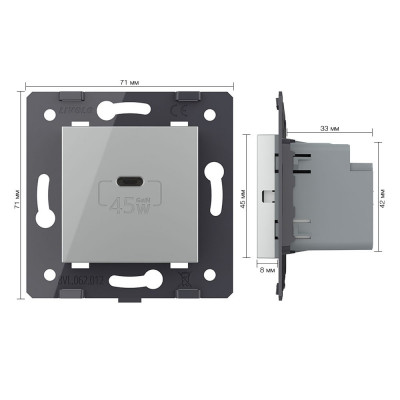 Розетка USB type C с блоком питания 45W Livolo, цвет серый (механизм) VL-FCUC-2IP Розетка USB type C с блоком питания 45W Livolo, цвет серый (механизм) VL-FCUC-2IP