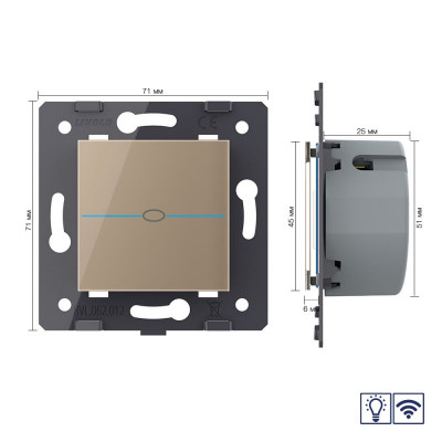 Одноклавишный сенсорный диммер Livolo Quadro с функцией радиоуправления, цвет золотой (механизм) VL-Q7-01DR-13 Одноклавишный сенсорный диммер Livolo Quadro с функцией радиоуправления, цвет золотой (механизм) VL-Q7-01DR-13