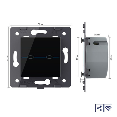 Двухклавишный проходной сенсорный выключатель Livolo Quadro с функцией радиоуправления, цвет черный (механизм) VL-Q7-02SR-12 Двухклавишный проходной сенсорный выключатель Livolo Quadro с функцией радиоуправления, цвет черный (механизм) VL-Q7-02SR-12