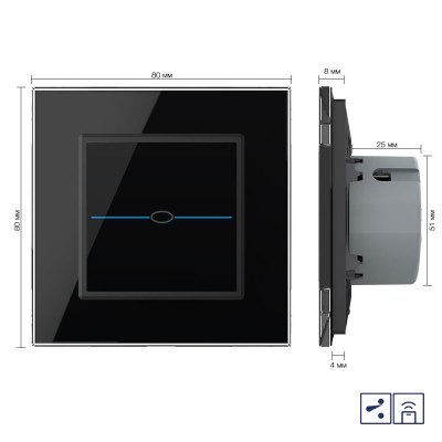 Одноклавишный проходной/перекрестный сенсорный выключатель Livolo Quadro с функцией радиоуправления, 1 пост, цвет черный VL-Q701SR-12 Одноклавишный проходной/перекрестный сенсорный выключатель Livolo Quadro с функцией радиоуправления, 1 пост, цвет черный VL-Q701SR-12
