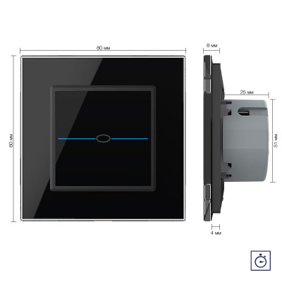 Одноклавишный сенсорный выключатель с таймером Livolo Quadro, 1 пост, цвет черный VL-Q701T-12 Одноклавишный сенсорный выключатель с таймером Livolo Quadro, 1 пост, цвет черный VL-Q701T-12