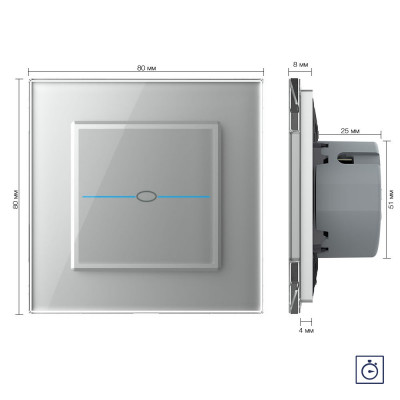 Одноклавишный сенсорный выключатель с таймером Livolo Quadro, 1 пост, цвет серый VL-Q701T-15 Одноклавишный сенсорный выключатель с таймером Livolo Quadro, 1 пост, цвет серый VL-Q701T-15