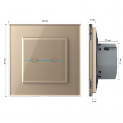 Двухклавишный сенсорный выключатель Livolo Quadro, 1 пост, цвет золотой