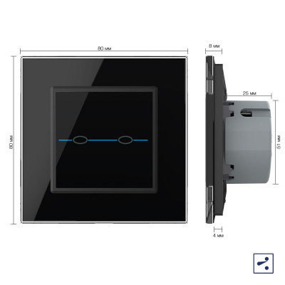 Двухклавишный проходной/перекрестный сенсорный выключатель Livolo Quadro, 1 пост, цвет черный VL-Q702S-12 Двухклавишный проходной/перекрестный сенсорный выключатель Livolo Quadro, 1 пост, цвет черный VL-Q702S-12