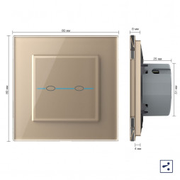 Двухклавишный проходной/перекрестный сенсорный выключатель Livolo Quadro, 1 пост, цвет золотой