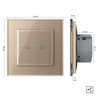 Двухклавишный проходной/перекрестный сенсорный выключатель Livolo Quadro, 1 пост, цвет золотой VL-Q702S-13 Двухклавишный проходной/перекрестный сенсорный выключатель Livolo Quadro, 1 пост, цвет золотой VL-Q702S-13