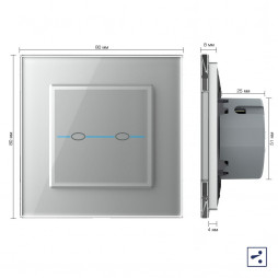 Двухклавишный проходной/перекрестный сенсорный выключатель Livolo Quadro, 1 пост, цвет серый